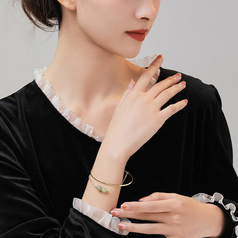 Fortune Jewel Copper Plated Gold Hetian Jade Bead Luck Double Layer Bracelet Bangle