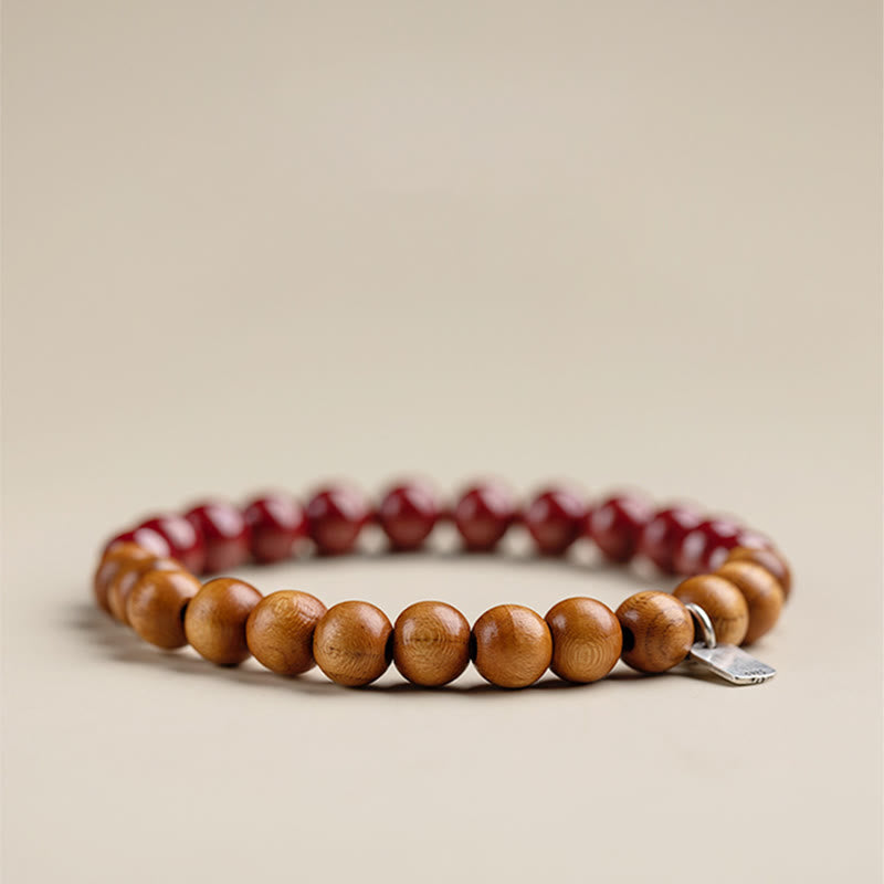 Fortune Jewel 925 Sterling Silver Peach Wood Cinnabar Ward Off Evil Spirits Bracelet