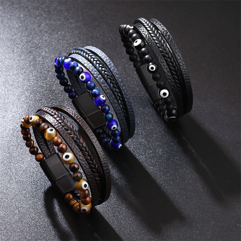 Fortune Jewel Evil Eye Tiger Eye Protection Beaded Multilayered Braided Bracelet