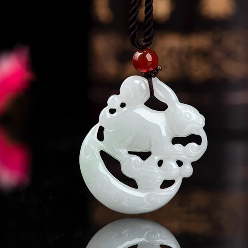 Fortune Jewel Year of the Rabbit White Jade Crescent Moon Protection Necklace Pendant