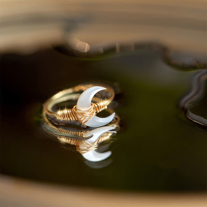 Fortune Jewel Natural Tridacna Stone Moon 14K Gold Blessing Ring - Fortune Jewel