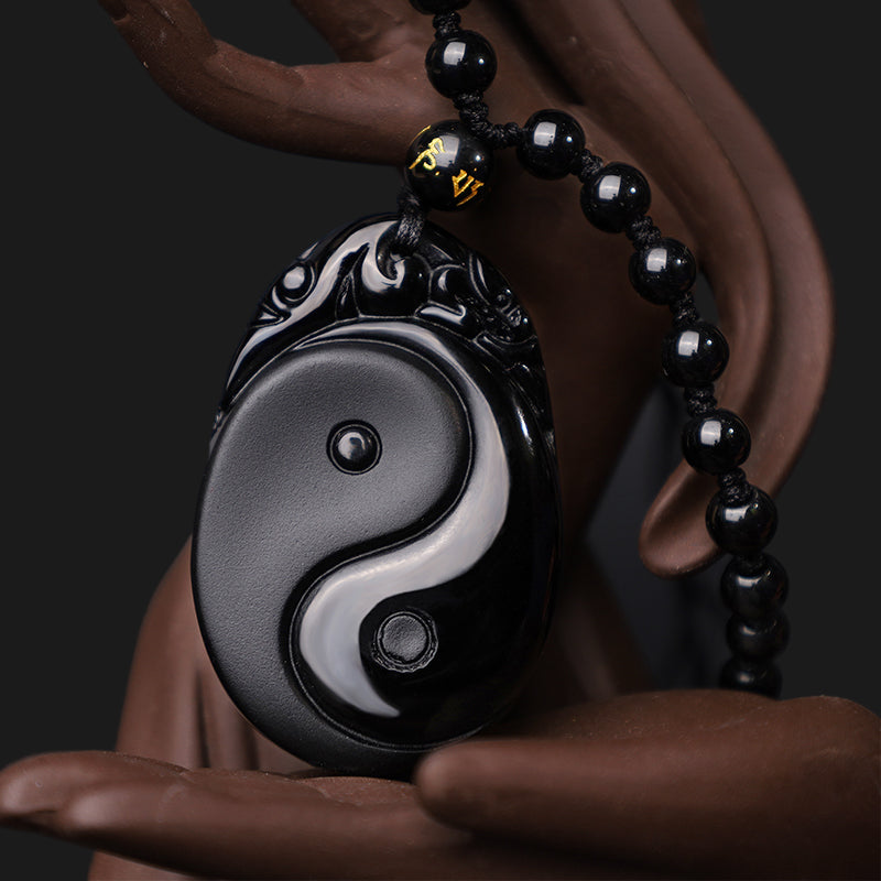 Fortune Jewel Natural Black Obsidian Yin Yang Fulfilment Strength Necklace Pendant