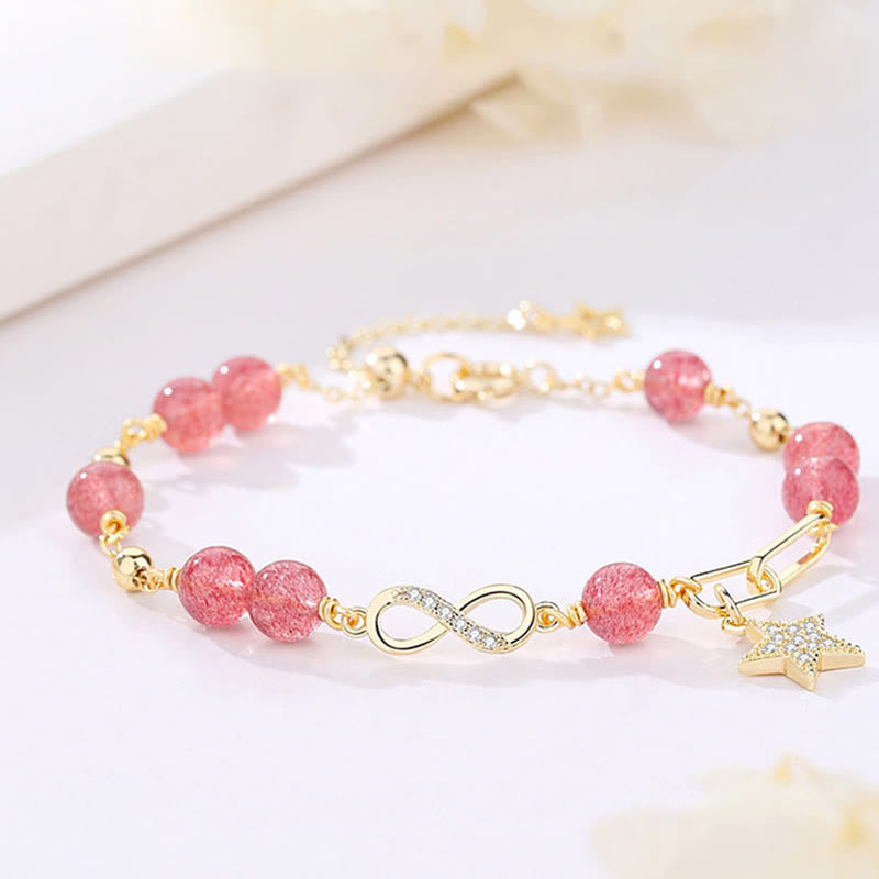 Fortune Jewel 14K Gold Plated Natural Strawberry Quartz Moonstone Möbius Loop Eternal Love Star Positive Bracelet