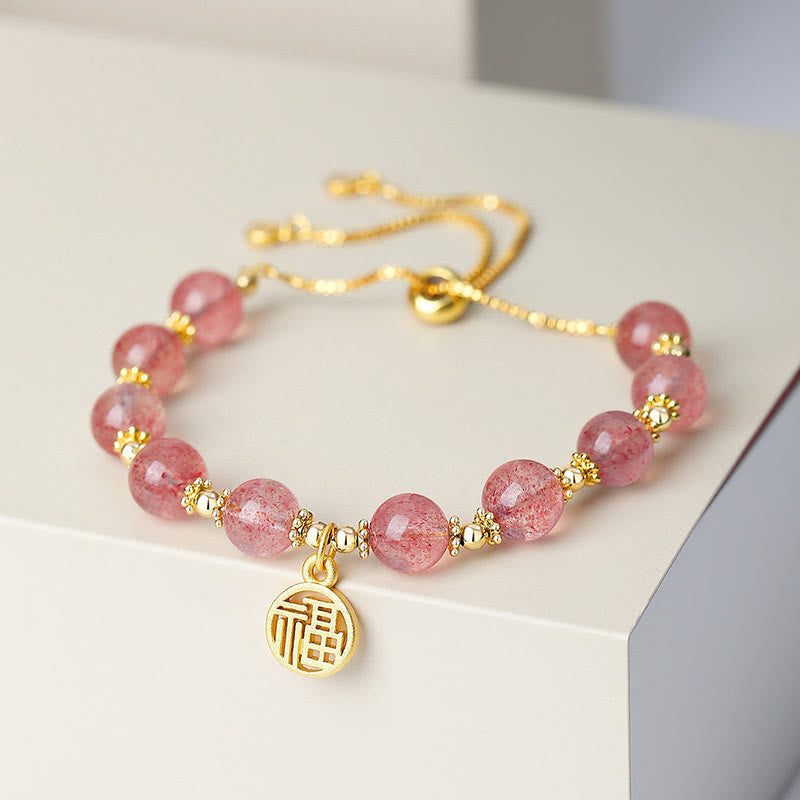 Fortune Jewel 14K Gold Plated Natural Strawberry Quartz Fu Character Positive Charm Bracelet