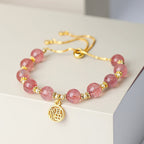 Fortune Jewel 14K Gold Plated Natural Strawberry Quartz Fu Character Positive Charm Bracelet
