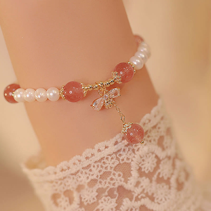 Fortune Jewel Natural Pearl Strawberry Quartz Healing Cute Honey Bee Charm Bracelet