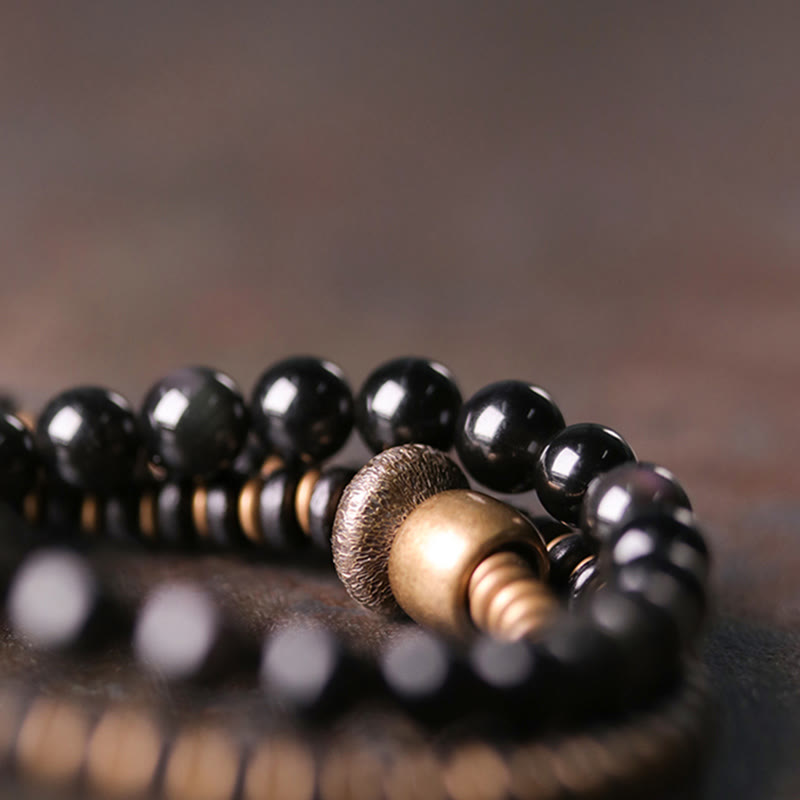 Fortune Jewel Rainbow Obsidian Ebony Wood Copper Healing Triple Wrap Bracelet