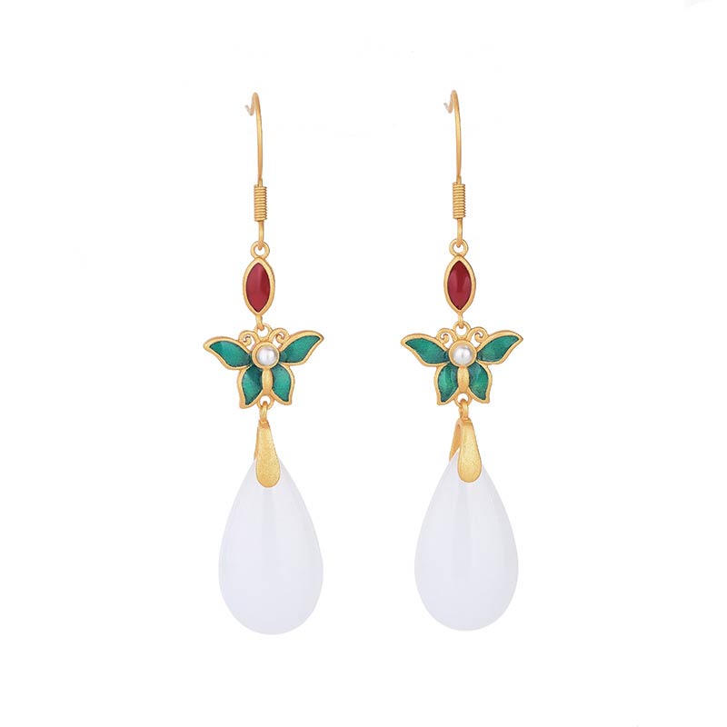Fortune Jewel FengShui White Jade Luck Drop Earrings
