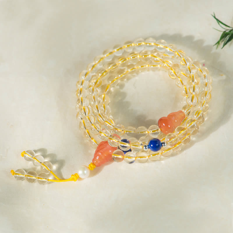 Fortune Jewel 108 Mala Beads 925 Sterling Silver Natural Citrine Red Agate White Jade Prosperity Charm Bracelet