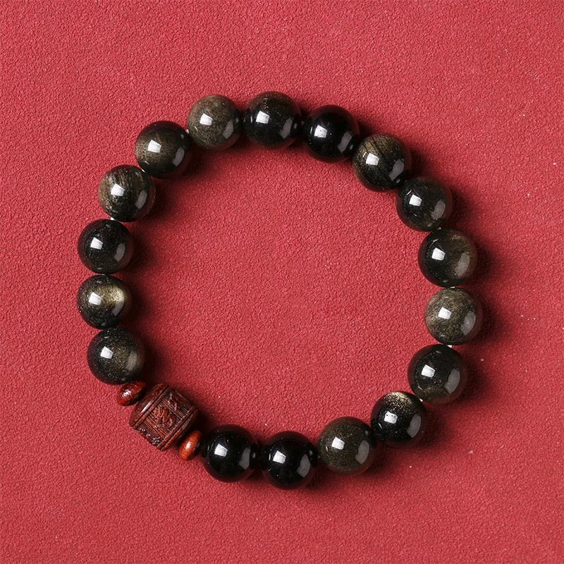Fortune Jewel Natural Gold Sheen Obsidian Rainbow Obsidian Om Mani Padme Hum Fu Character Healing Bracelet