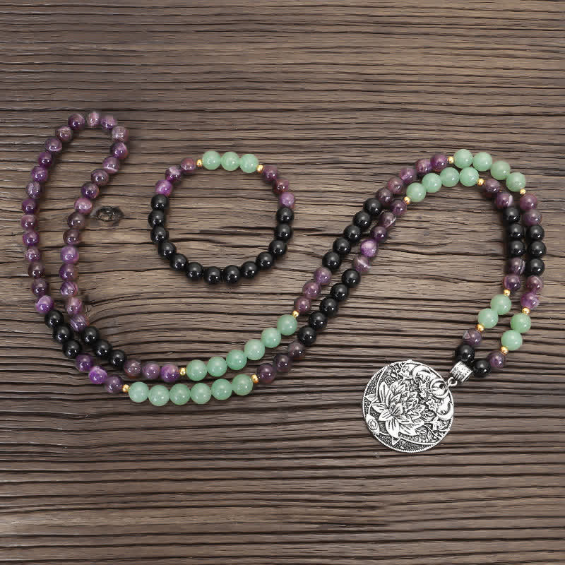 Fortune Jewel 108 Mala Beads Amethyst Green Aventurine Lotus Meditation Bracelet