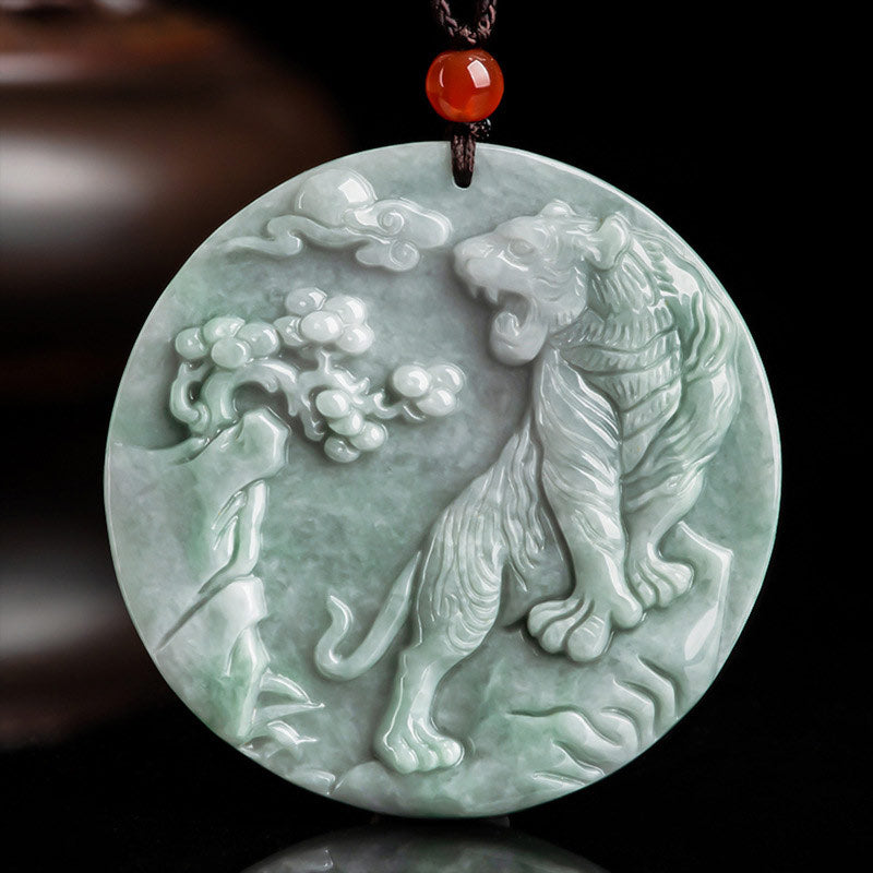 Fortune Jewel Chinese Zodiac Tiger Jade Protection Necklace String Pendant