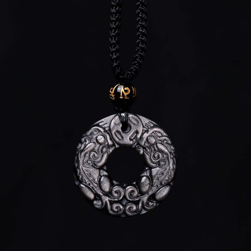 Fortune Jewel Natural Silver Sheen Obsidian Double PiXiu Copper Coin Peace Buckle Protection Necklace Pendant