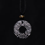 Fortune Jewel Natural Silver Sheen Obsidian Double PiXiu Copper Coin Peace Buckle Protection Necklace Pendant
