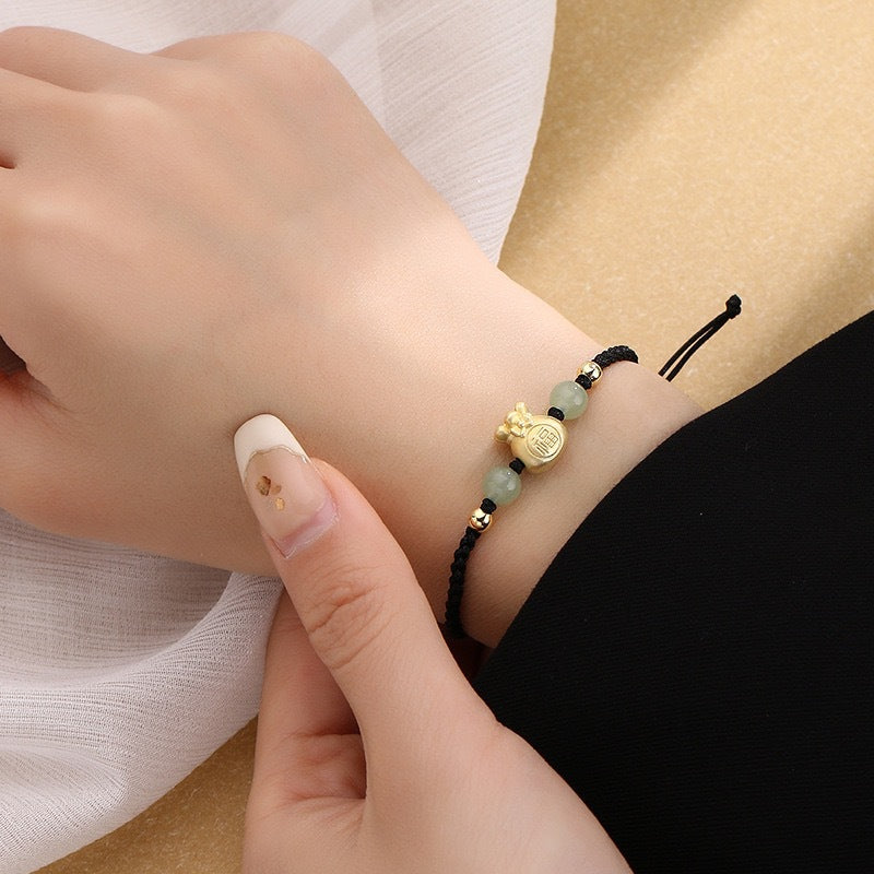 Fortune Jewel Lucky Money Bag Fu Character Jade Bead Luck Braided Bracelet
