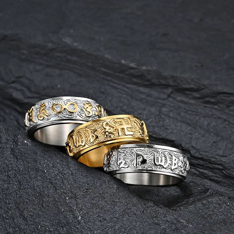 Fortune Jewel Om Mani Padme Hum Balance Calm Titanium Steel Ring Fortune Jewel