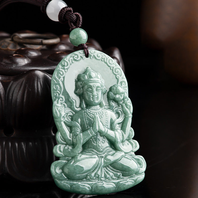Fortune Jewel Four-armed Avalokitesvara Natural Jade Amulet Blessing String Necklace Fortune Jewel
