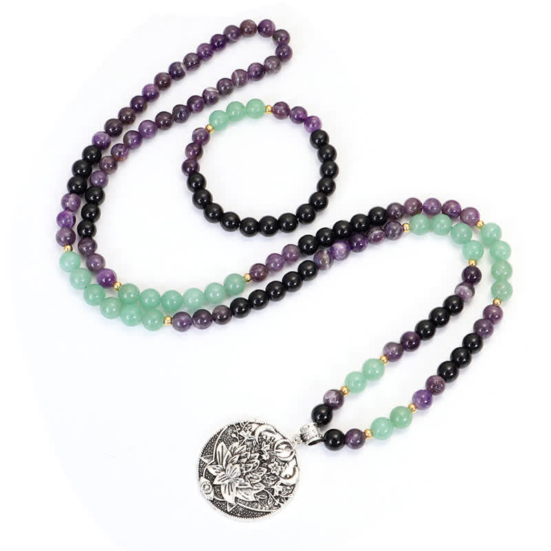 Fortune Jewel 108 Mala Beads Amethyst Green Aventurine Lotus Meditation Bracelet