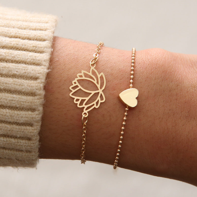 Fortune Jewel 2Pcs Lotus Flower Love Heart Enlightenment Bracelet