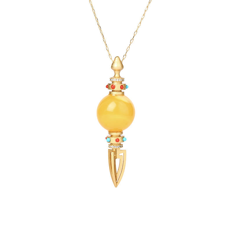 Fortune Jewel 24K Gold Plated Amber Dorje Vajra Clear Anxiety Necklace Pendant