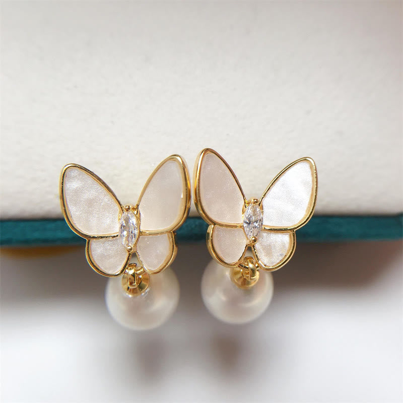 Fortune Jewel 925 Sterling Silver Posts 18K Gold Plated Copper Pearl Butterfly Optimism Stud Earrings
