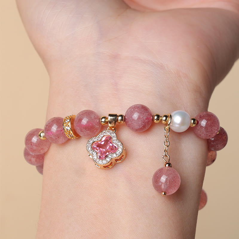 Fortune Jewel Strawberry Quartz Pearl Four Leaf Clover Charm Healing Bracelet