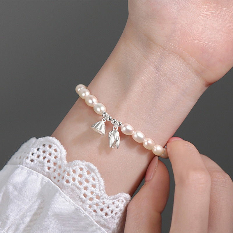 Fortune Jewel 999 Sterling Silver Lotus Flower Pod Natural Pearl Healing Bracelet