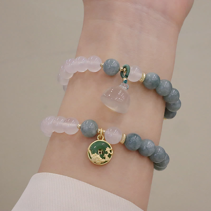 Fortune Jewel White Agate Jade Lotus Flower Peace Buckle Protection Bracelet