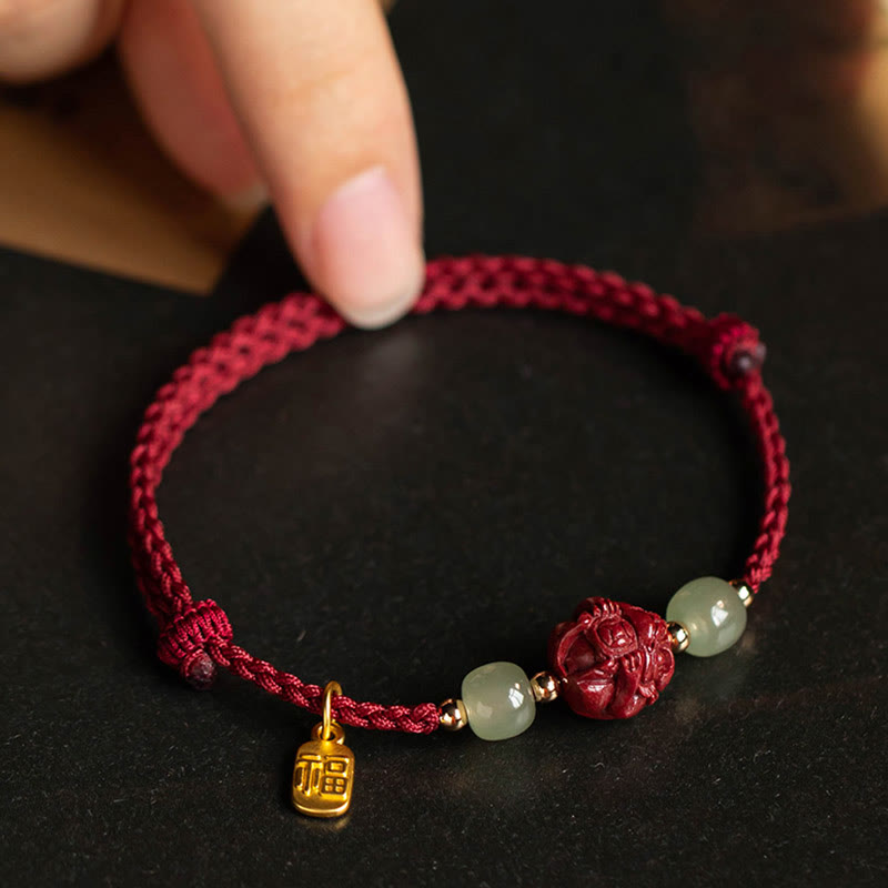 Fortune Jewel Natural Cinnabar Chinese Zodiac Hetian Jade Fu Character Luck Rope Bracelet