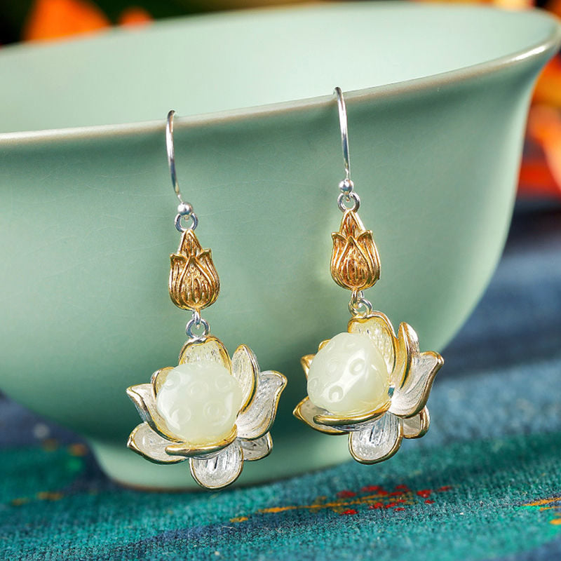 Fortune Jewel White Jade Protection Harmony Drop Earrings