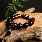 Fortune Jewel Tibetan Nine-Eye Dzi Bead Black Onyx Wealth Protection Bracelet