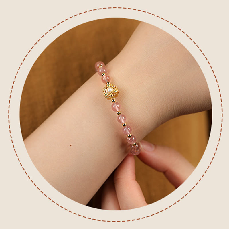 Fortune Jewel 14K Gold Plated Natural Strawberry Quartz Labradorite Sun Stone Fu Character Positive Charm Bracelet