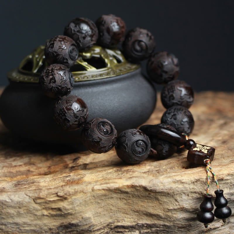 Fortune Jewel Ebony Wood Chinese Character Yin Yang Engraved Gourd Balance Bracelet Fortune Jewel