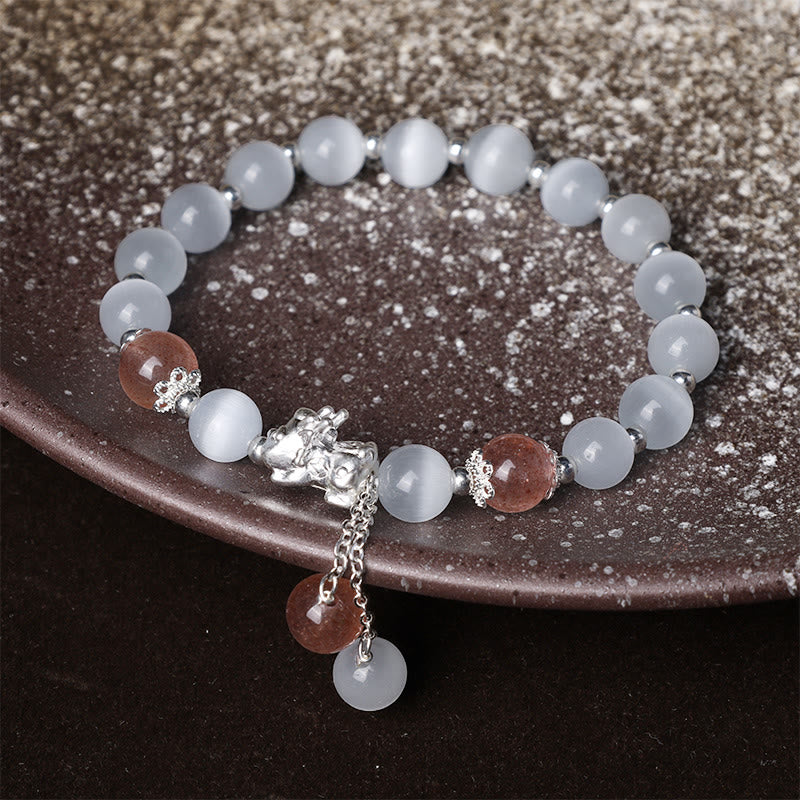 Fortune Jewel Natural Cat's Eye Moonstone Strawberry Quartz PiXiu Support Bracelet