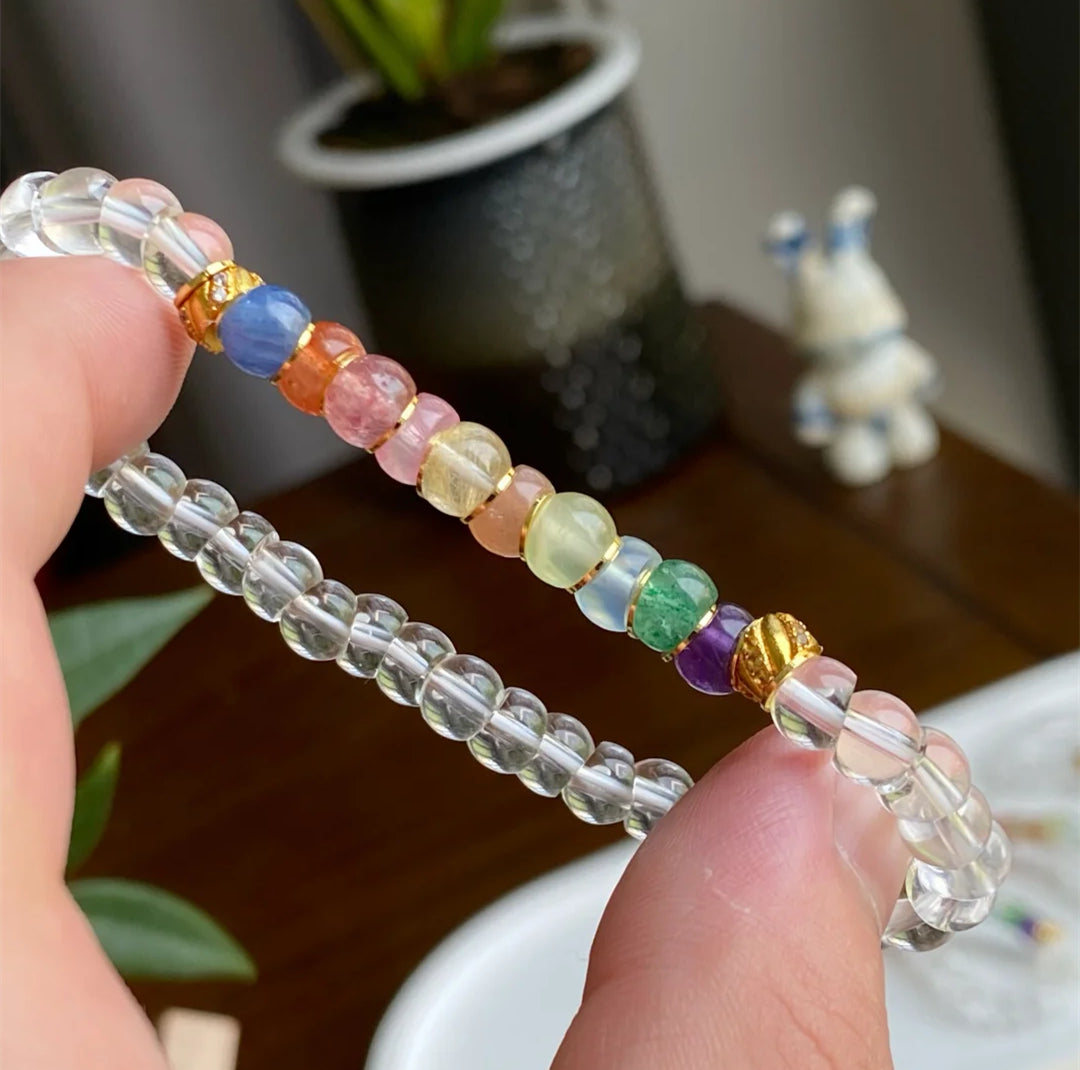 Tibetan Angled-Cut White Crystal Bracelet with Multicolor Crystals – Top-Grade Clear Quartz, Stress-Relieving & Meditation-Friendly