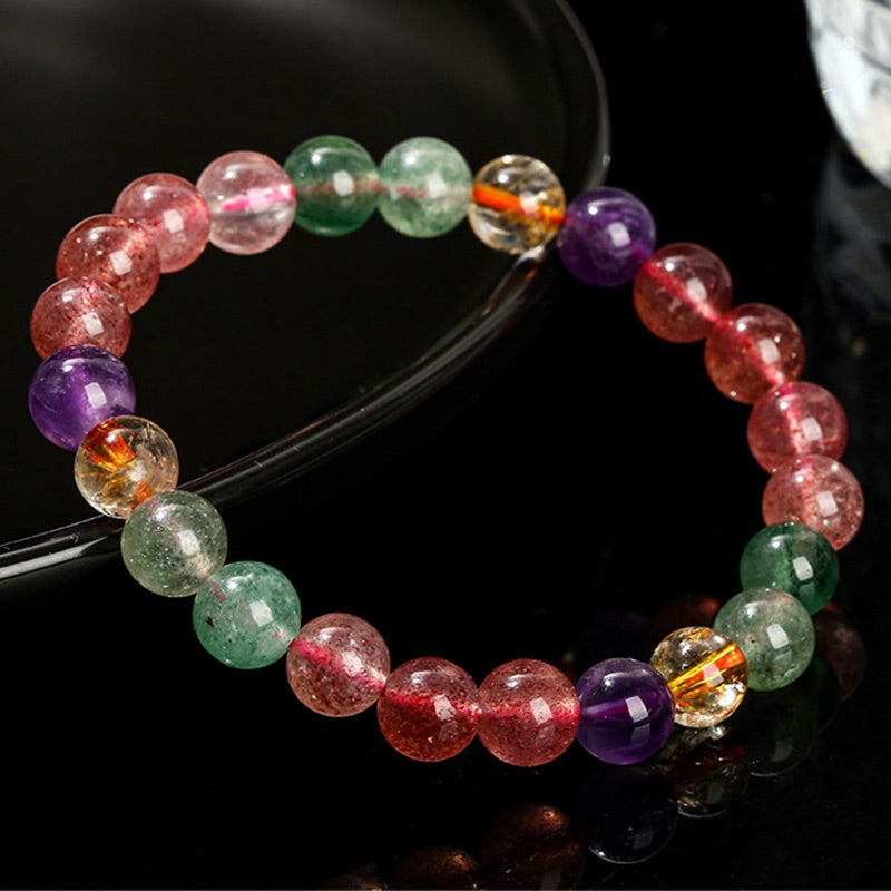 Fortune Jewel Natural Multicolored Strawberry Quartz Love Healing Beaded Bracelet