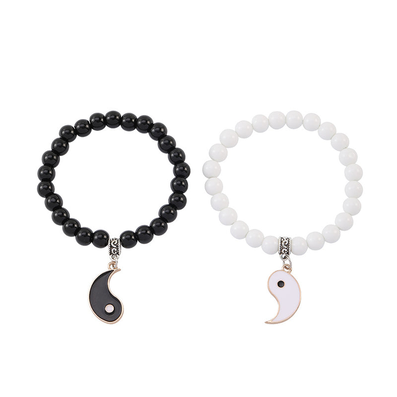Fortune Jewel 2Pcs Black Onyx White Turquoise Bead Yin Yang Protection Couple Bracelet