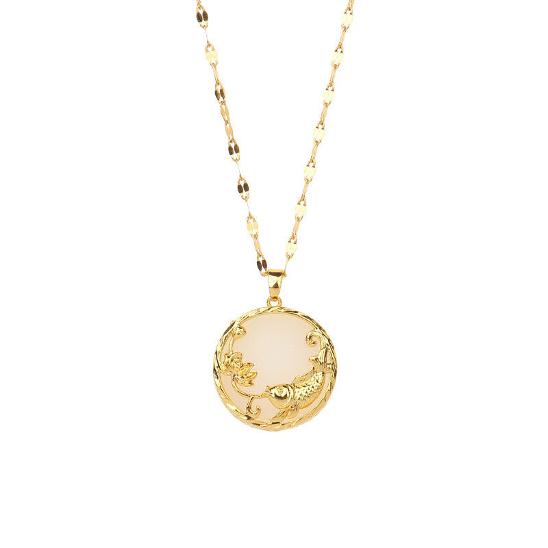 Fortune Jewel Natural Jade Koi Fish Lotus Luck Necklace Pendant
