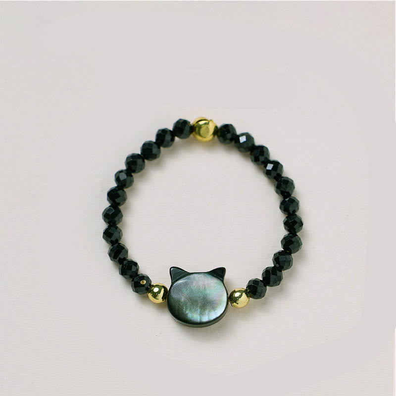 Fortune Jewel Natural Tridacna Stone Lovely Cat 14K Gold Plated Blessing Ring