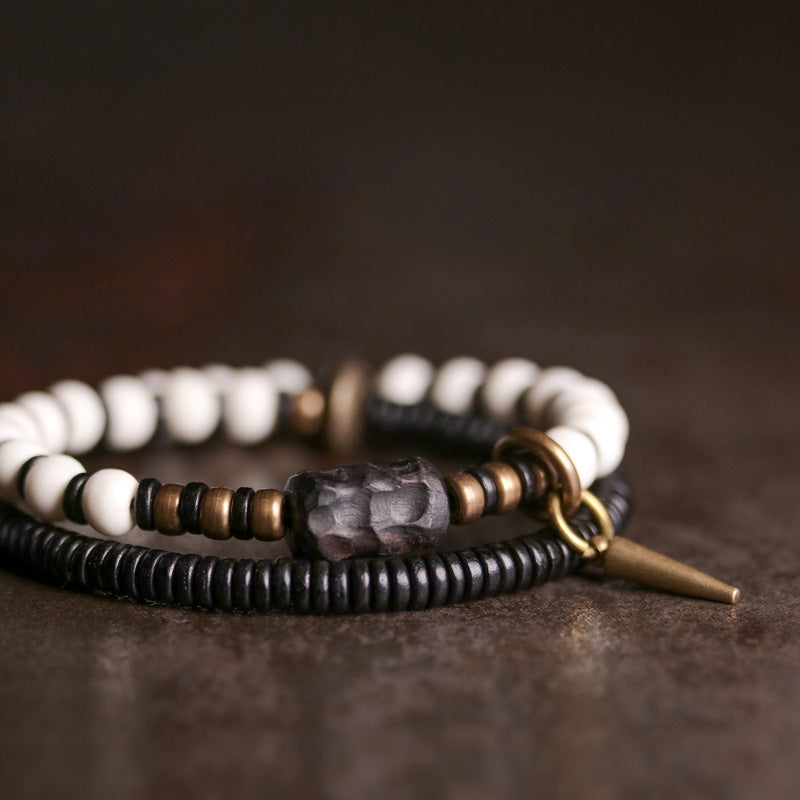 Fortune Jewel Bone Beads Ebony Wood Copper Strength Couple Bracelet