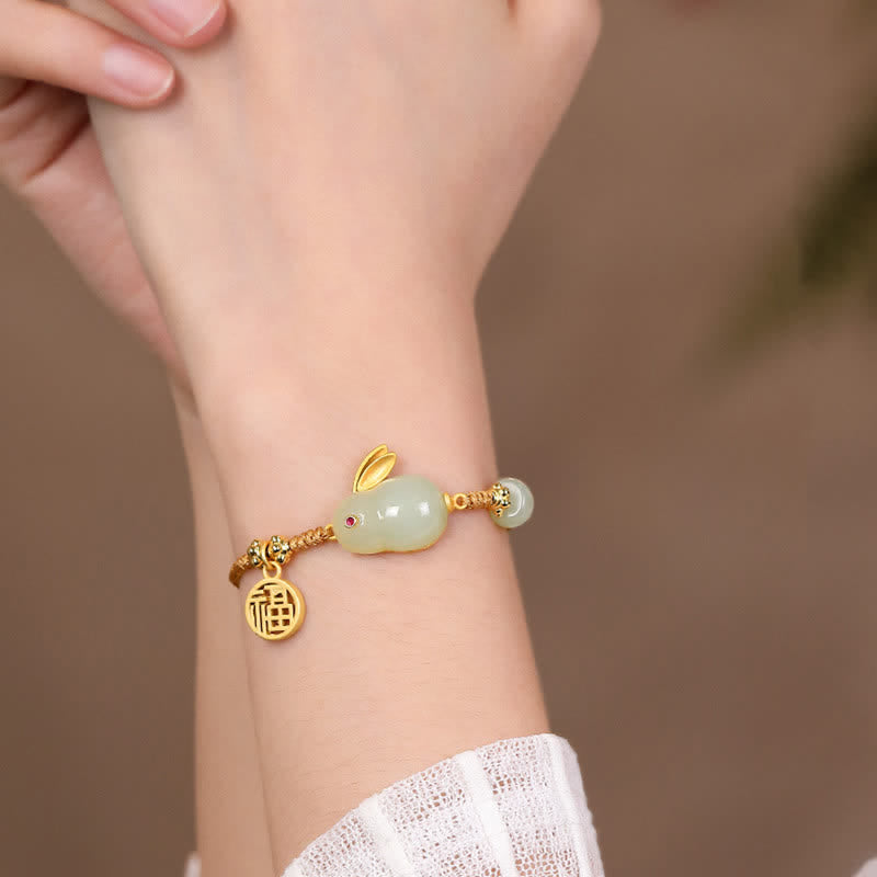 Fortune Jewel Year of the Rabbit Hetian Jade Happiness Blessing Wealth String Bracelet