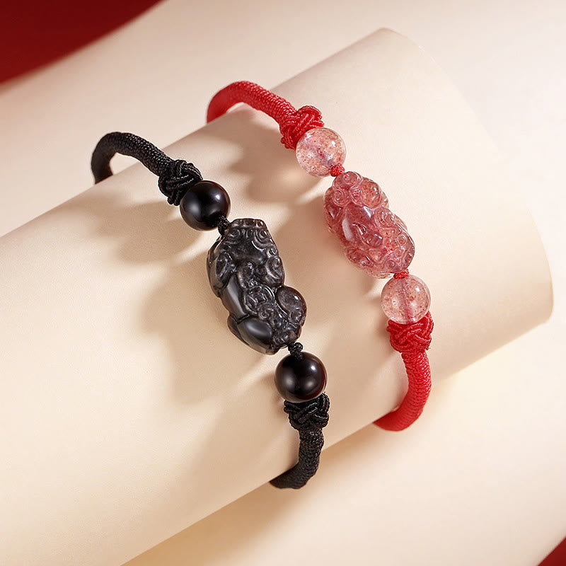 Fortune Jewel Handmade Natural Silver Sheen Obsidian Strawberry Quartz PiXiu Protection Braided Bracelet