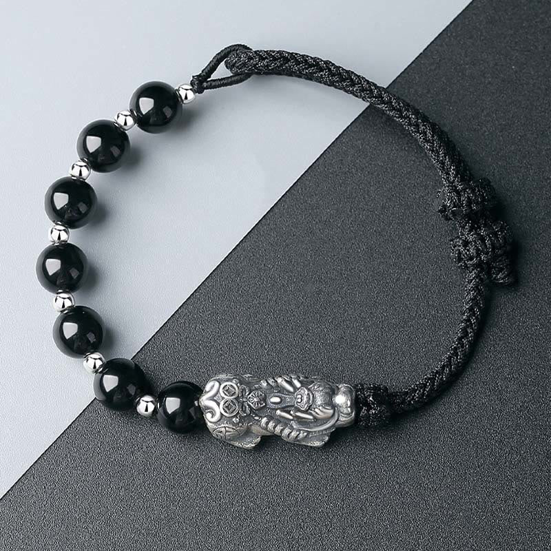 Fortune Jewel 999 Sterling Silver FengShui PiXiu Natural Black Obsidian 925 Sterling Silver Bead Strength Bracelet