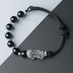 Fortune Jewel 999 Sterling Silver FengShui PiXiu Natural Black Obsidian 925 Sterling Silver Bead Strength Bracelet