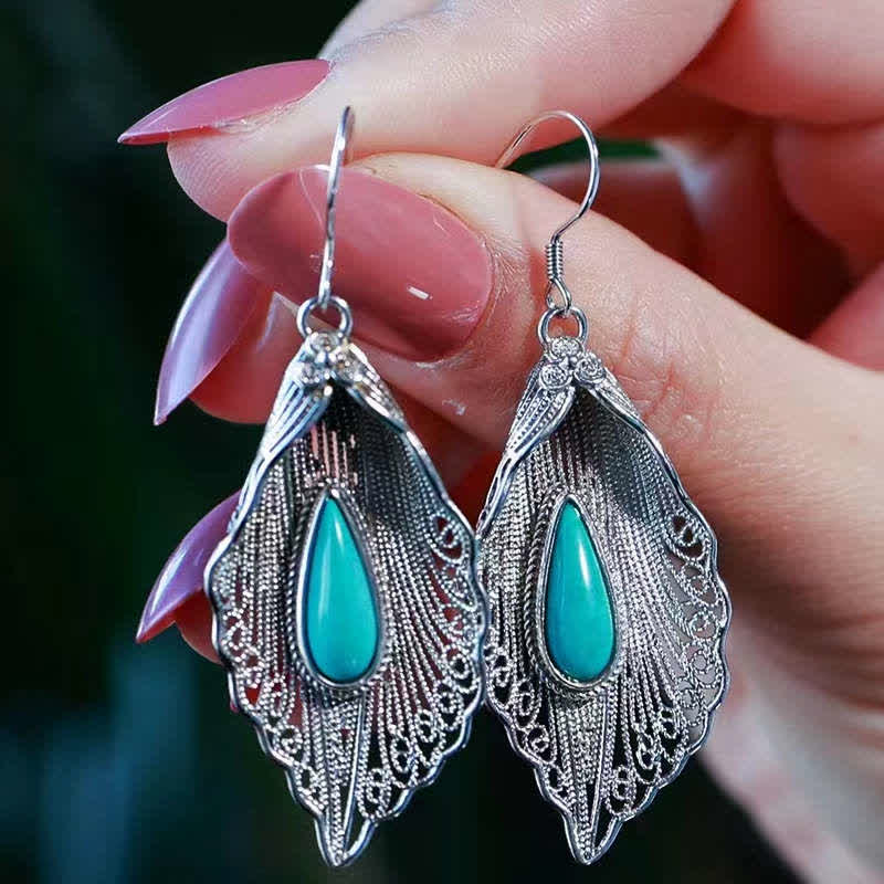 Fortune Jewel 925 Sterling Silver Turquoise Bodhi Leaf Pattern Protection Drop Dangle Earrings