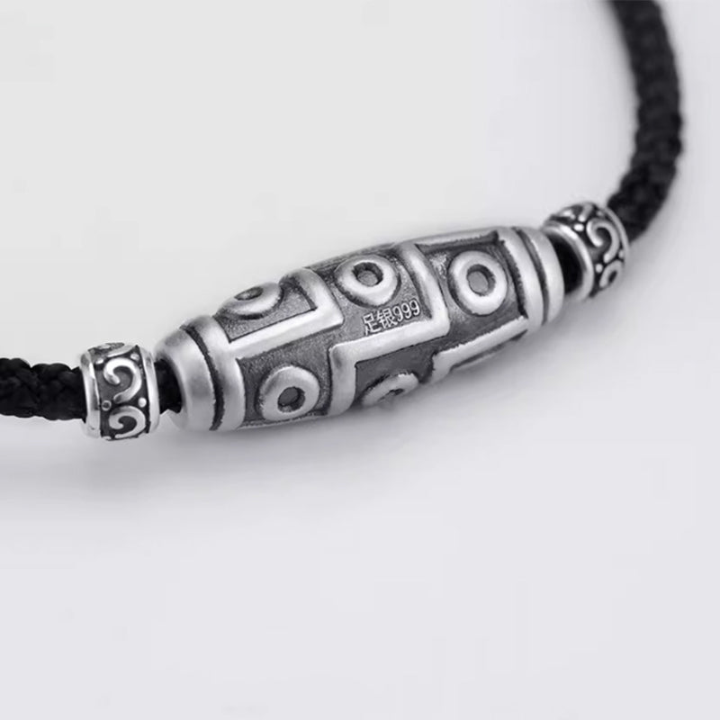 Fortune Jewel 999 Sterling Silver Nine-Eye Dzi Bead Pattern Protection Rope Necklace Pendant