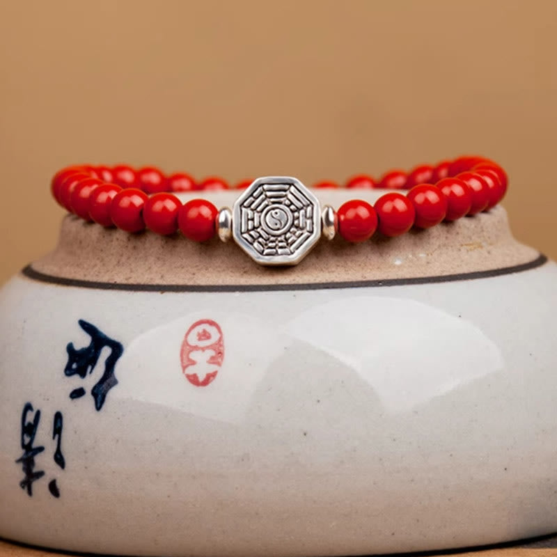 Fortune Jewel 925 Sterling Silver Yin Yang Bagua Symbol Cinnabar String Concentration Bracelet