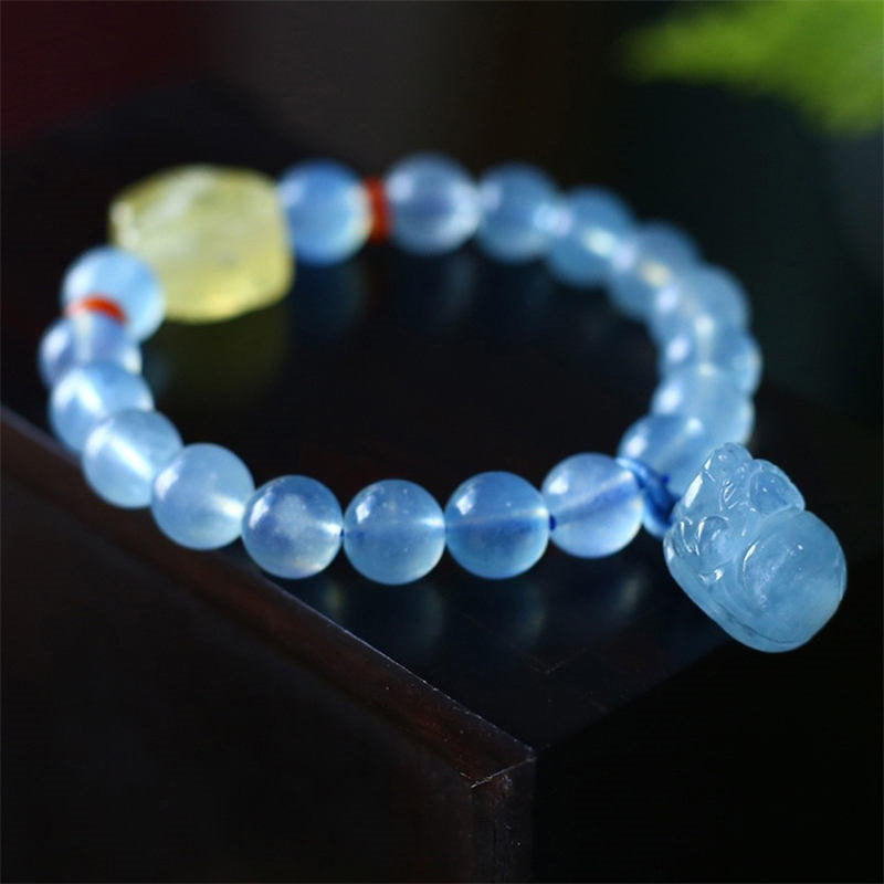 Fortune Jewel Natural Aquamarine Amber Pixiu Peace Healing Charm Bracelet