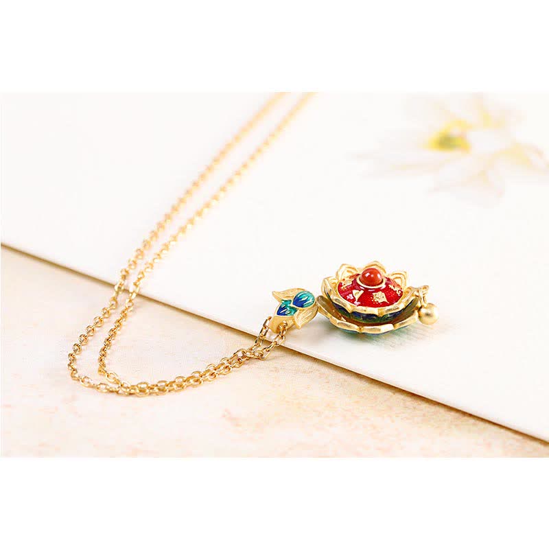 Fortune Jewel 925 Sterling Silver Tibet Lotus Prayer Wheel Red Agate Enlightenment Necklace Pendant