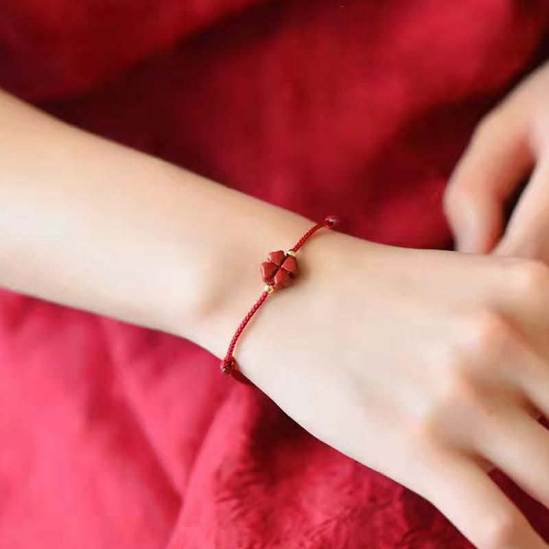 Fortune Jewel Natural Cinnabar Four Leaf Clover Blessing Red String Bracelet Anklet